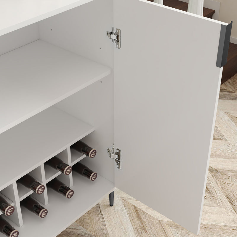 2 Door Wine Bar Cabinet With Adjustable Shelf, Soft-Closing Hinges, And High Feet - White