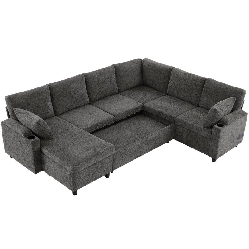 U-Shaped Sectional Sleeper Sofa With Ample Storage Space, 2 Cup Holders And Charging Ports For Living Room