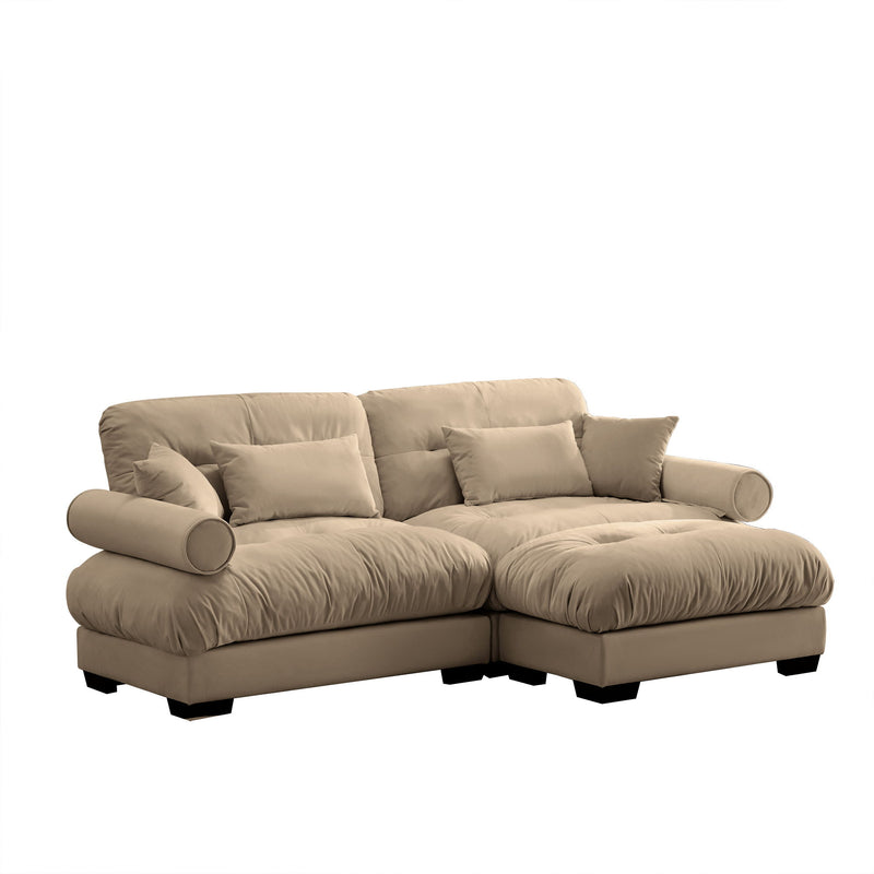 Modern Sectional Sofa With Ottoman, Round Bolster Armrests, Waist And Throw Pillows