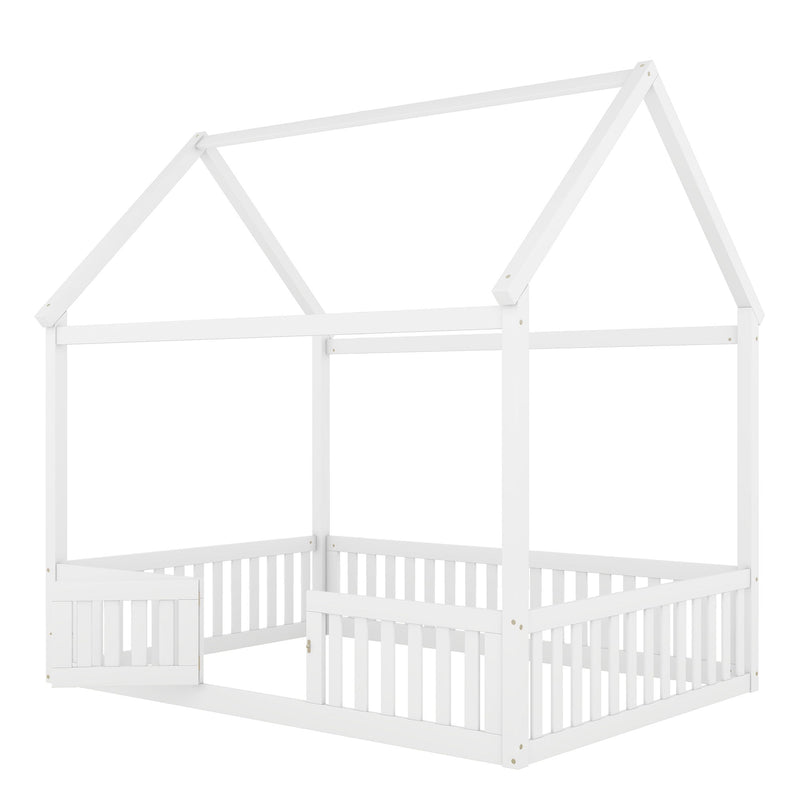 Wood House Bed With Fence And Door