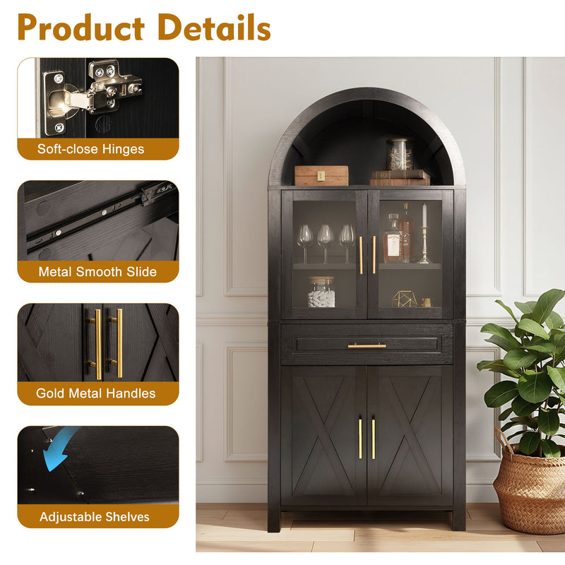 Arched Kitchen Pantry Cabinet With Adjustable Shelves & Barn Door Design