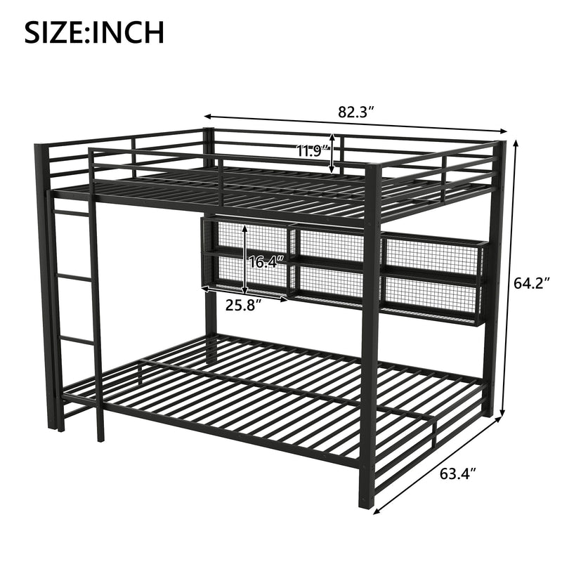 Queen Over Queen Bunk Bed With Storage Cabinets And LED Sturdy Frame, 6 Storage Units, Adjustable LED Lights - Black