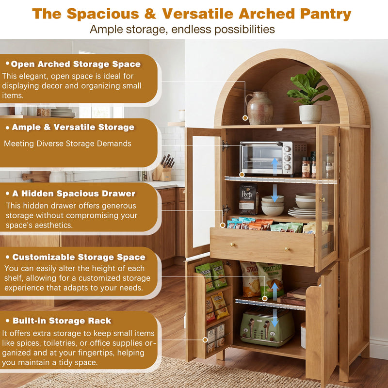 Fluted Tall Arched Pantry Cabinet With Adjustable Shelves