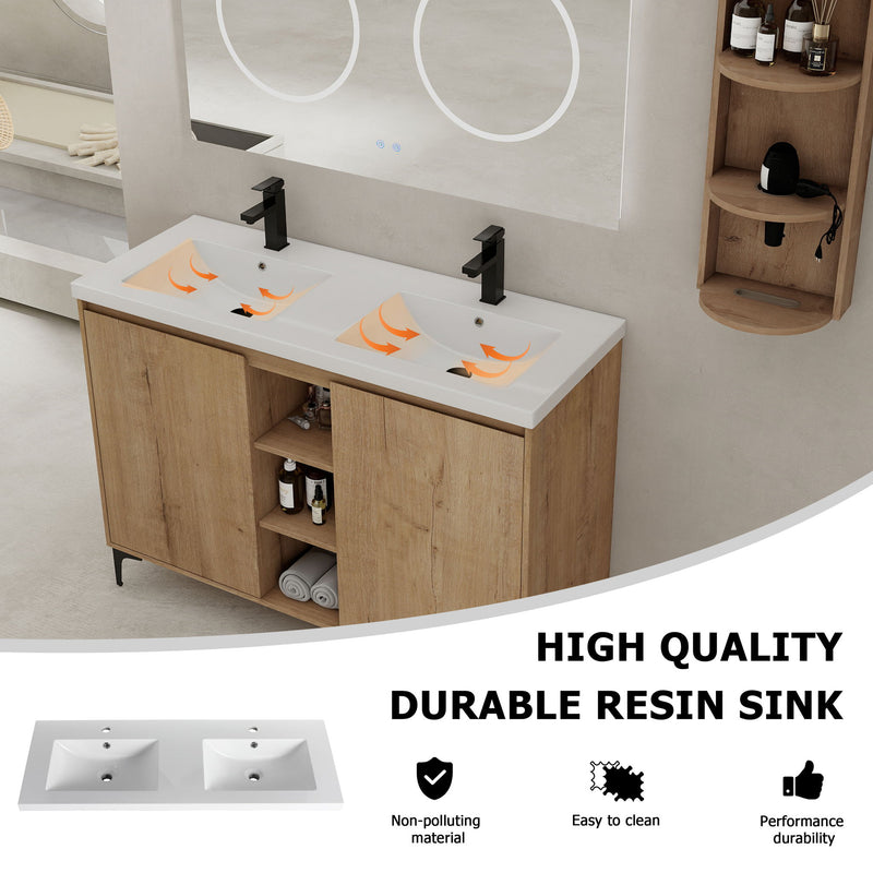 Elegant 48" Freestanding Bathroom Vanity With Double Resin Sink And Storage Rack Soft Close Doors - Imitative Oak