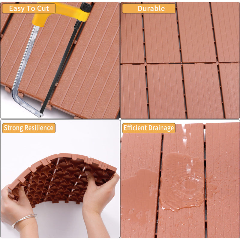 Plastic Interlocking Deck Tiles, Patio Flooring Outdoor Waterproof All Weather Use For Garden Poolside Front / Back Yard (Set of 44) - Mahogany