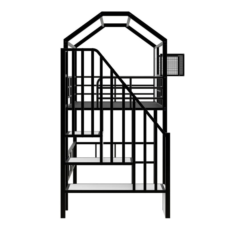Metal Loft Bed With Roof Design And Storage Box With Guardrails And Integrated Ladder
