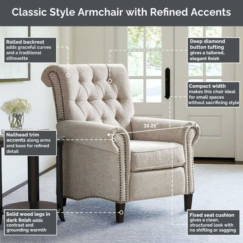 Aidan - Push Back Recliner Chair With Tufted Back And Nailhead Trim - Cream