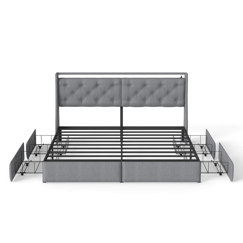 Platform Bed Frame With RGB LED Lights, Charging Station, Storage Headboard & 4 Underbed Drawers