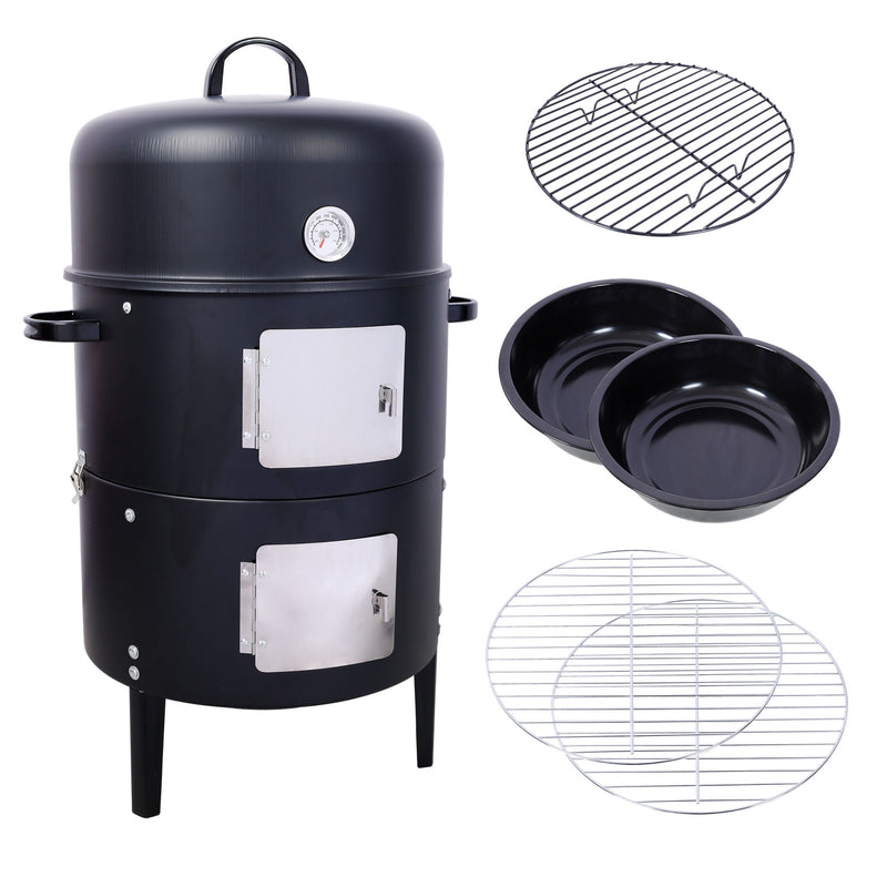 Heavy Duty Round Bbq Grill 17" Steel Charcoal Smoker For Outdoor Cooking - Black
