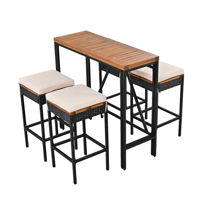 Outdoor Acacia Wood Bar Height Table And Eight Stools With Cushions