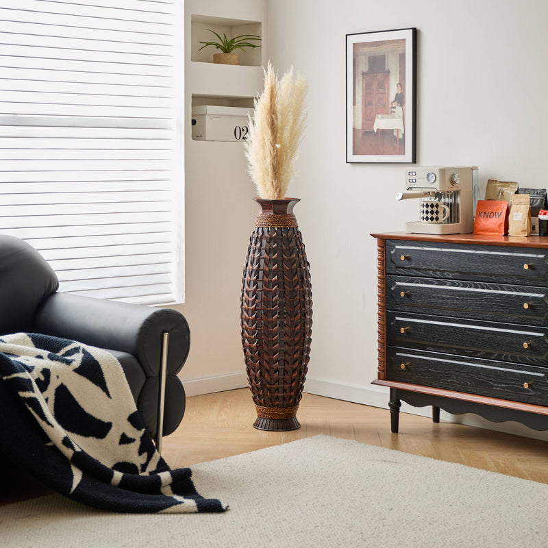 Hand Woven Bamboo Floor Vase, Decorative Accent For Living Room - Acacia Wood