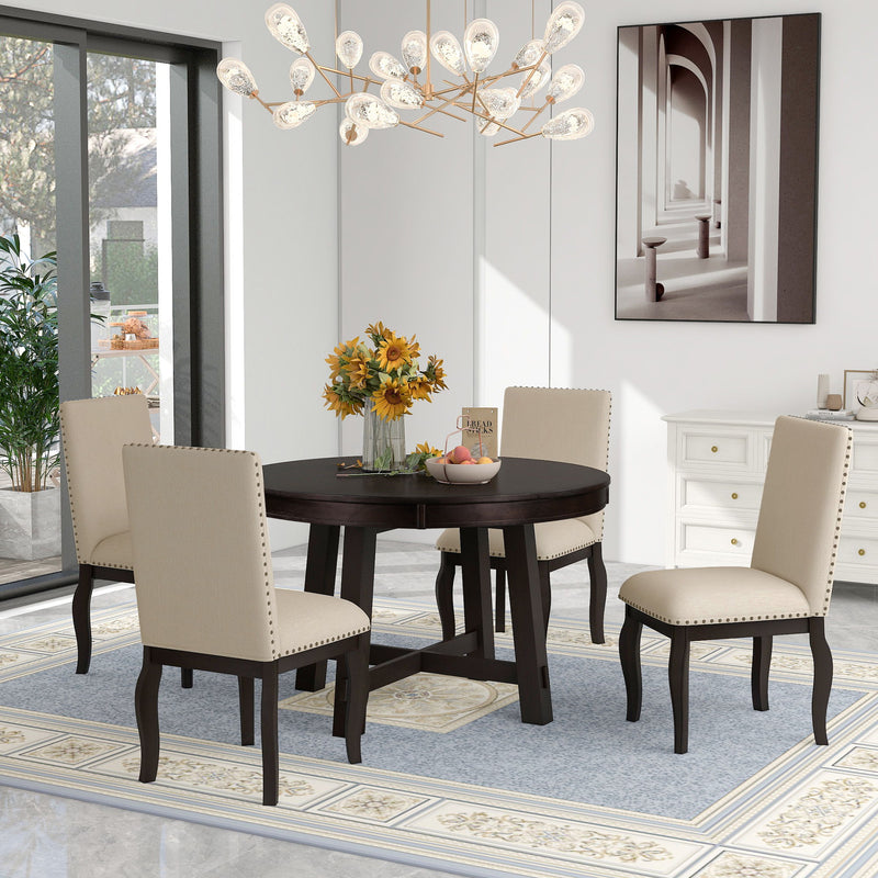 Round Extendable Dining Table Set With 4 Upholstered Chairs