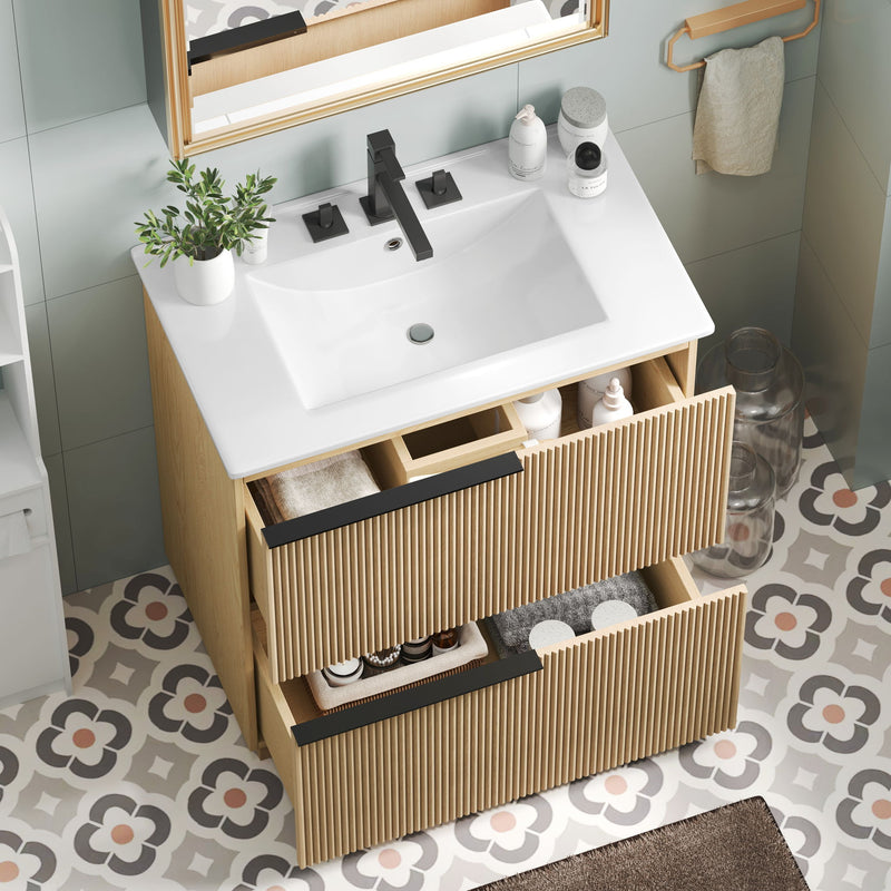 Fluted Bathroom Vanity With Ceramic Sink, Soft Close Slides