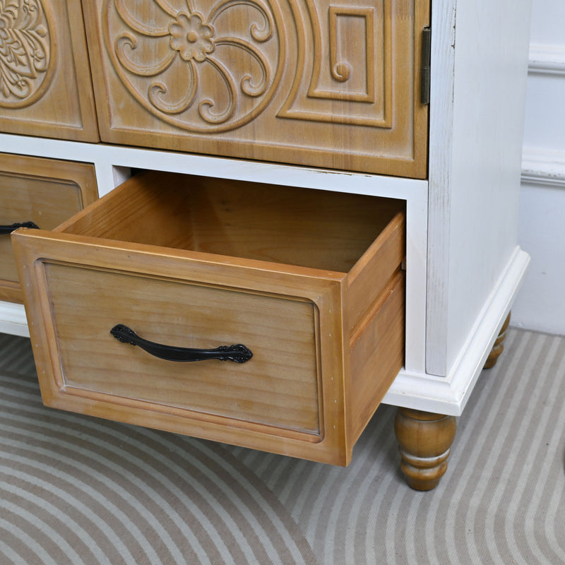Accent Flower Carved Door Sideboard Cabinet With 2 Drawers For Kitchen - Natural Wood Wash / White