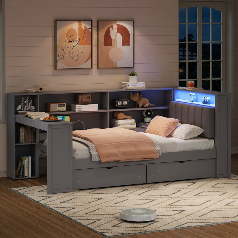 Platform Bed With Upholstered Headboard, Storage Shelves, Drawers, Charging Station, LED Lighting, Built In Desk