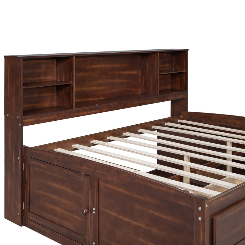 Full Size Captain Bed With Built In Storage Shelves, 4 Drawers And 2 Cabinets - Antique Brown