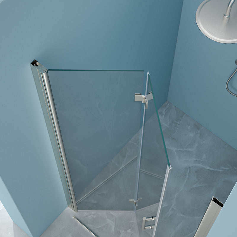 Fold Frameless Shower Door With Tempered Glass - Brushed Silver