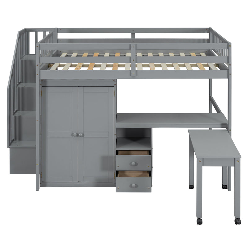 Loft Bed With Stairs, Bookshelf, Drawers, Desk & Wardrobe, Space Saving Multifunctional Furniture