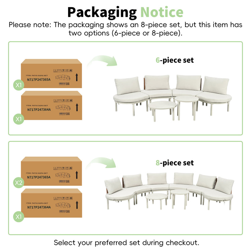 6 Piece Patio Set, Half Moon Outdoor Sectional Sofa With 2 High Low Coffee Tables, 4 Pillows & Cushions