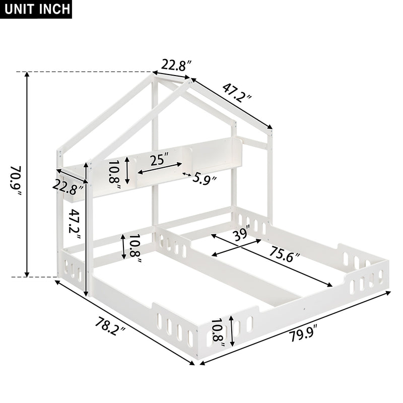 Twin Size Platform Bed With Shared Design, Guardrails, And Built In Shelves - Creamy White