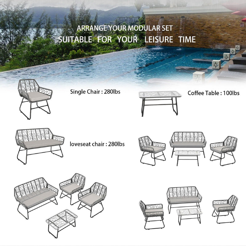 4 Piece Wicker Patio Furniture Set With Tempered Glass Table And Detachable Cushions