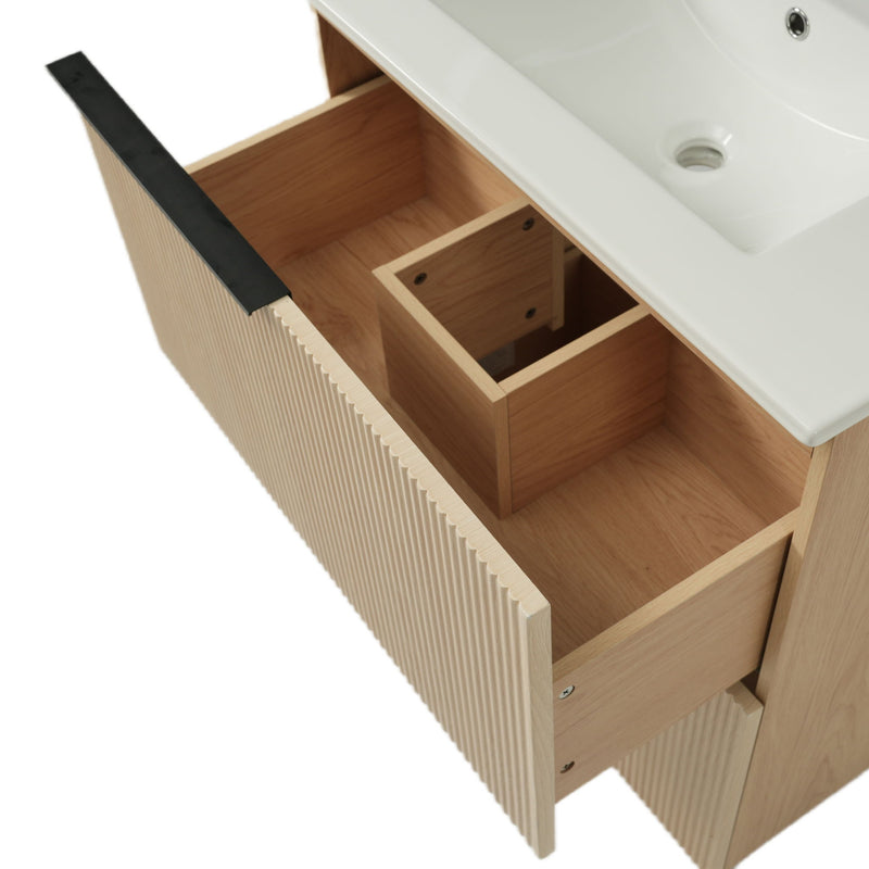 Fluted Bathroom Vanity With Ceramic Sink, Soft Close Slides
