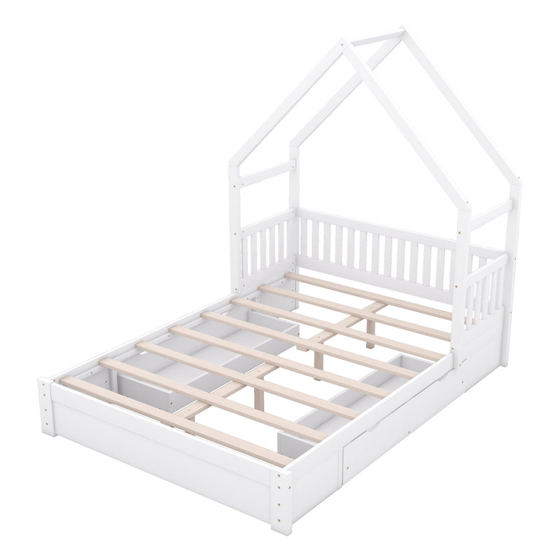 House Style Platform Bed With Guardrail And 2 Drawers