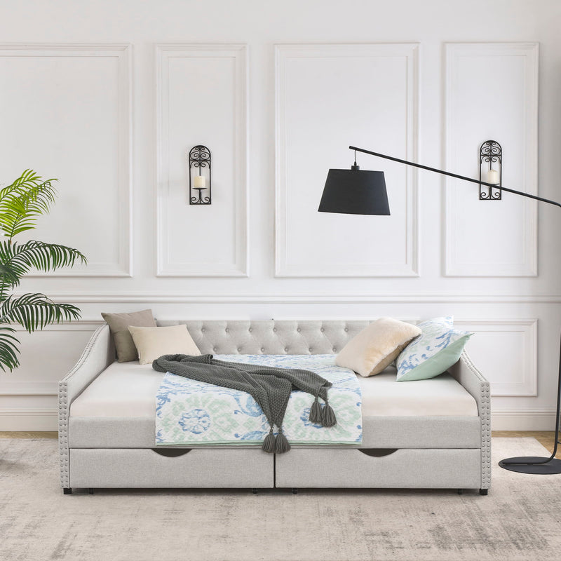 Upholstered Tufted Daybed With Drawers, Waved Arms