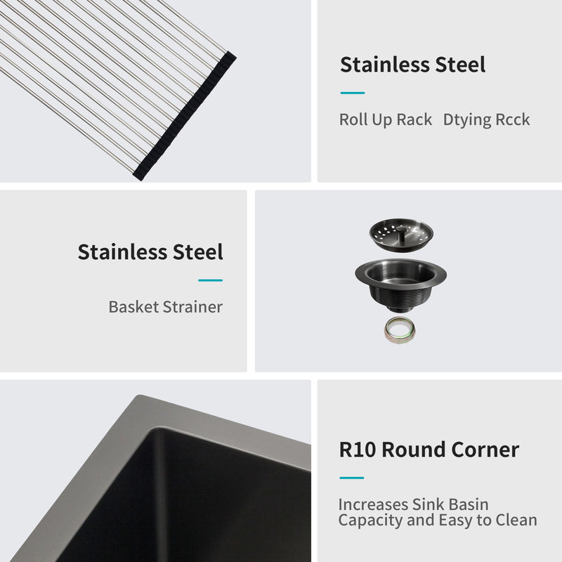 Workstation Kitchen Sink 30" X 18" X 10" Single Bowl Undermount 16 Gauge - Gunmetal Black