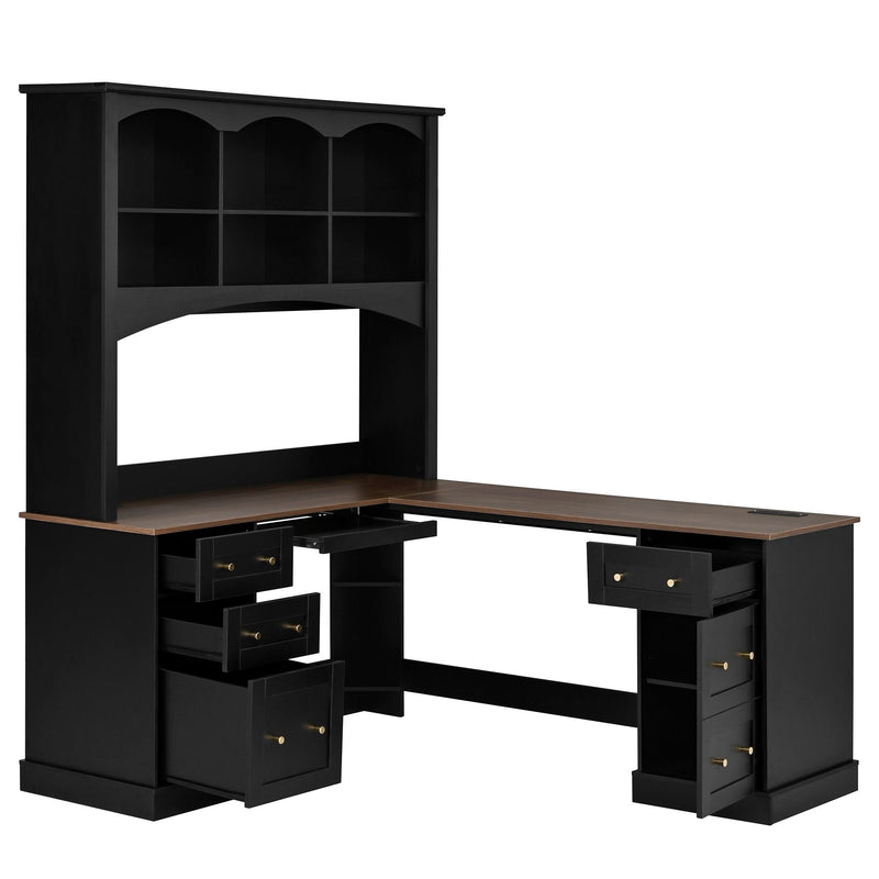 Space Saving L-Shaped Computer Desk With Keyboard Tray & Charging Stations