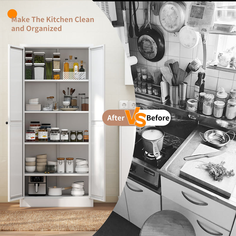 Metal Kitchen Pantry Cabinet With Adjustable Storage And 4 Heavy Duty Shelves - White