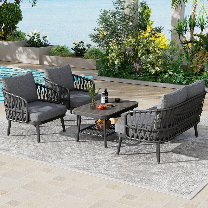 4 Piece Outdoor Patio Furniture Set, Metal Chairs With Woven Rope U Shaped Backrest