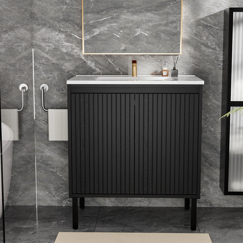 Bathroom Vanity With Ceramic Sink, Floor-Standing Design, Soft-Closing Drawers