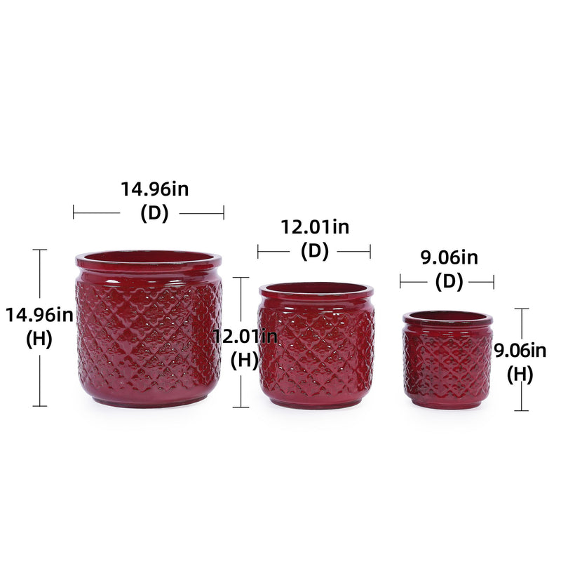 3 Pieces Ceramic Flowerpot, Planter For Patio & Garden Or Windowsills - Bean Paste Red