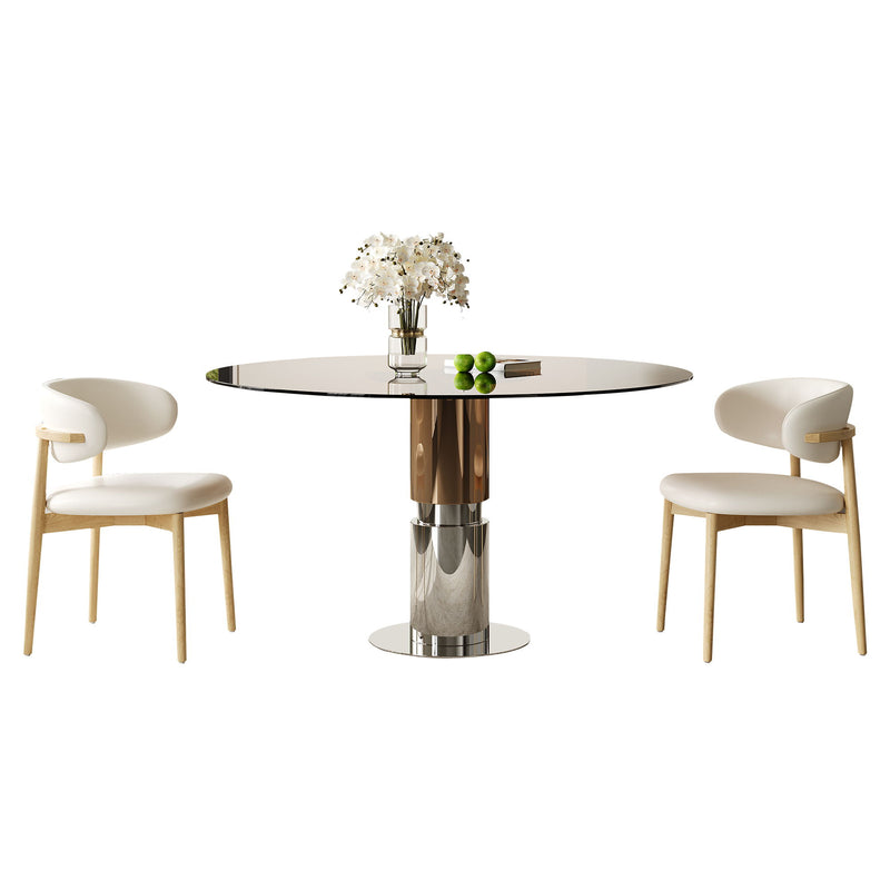 Round Dining Table & Tempered Glass Top - Brown