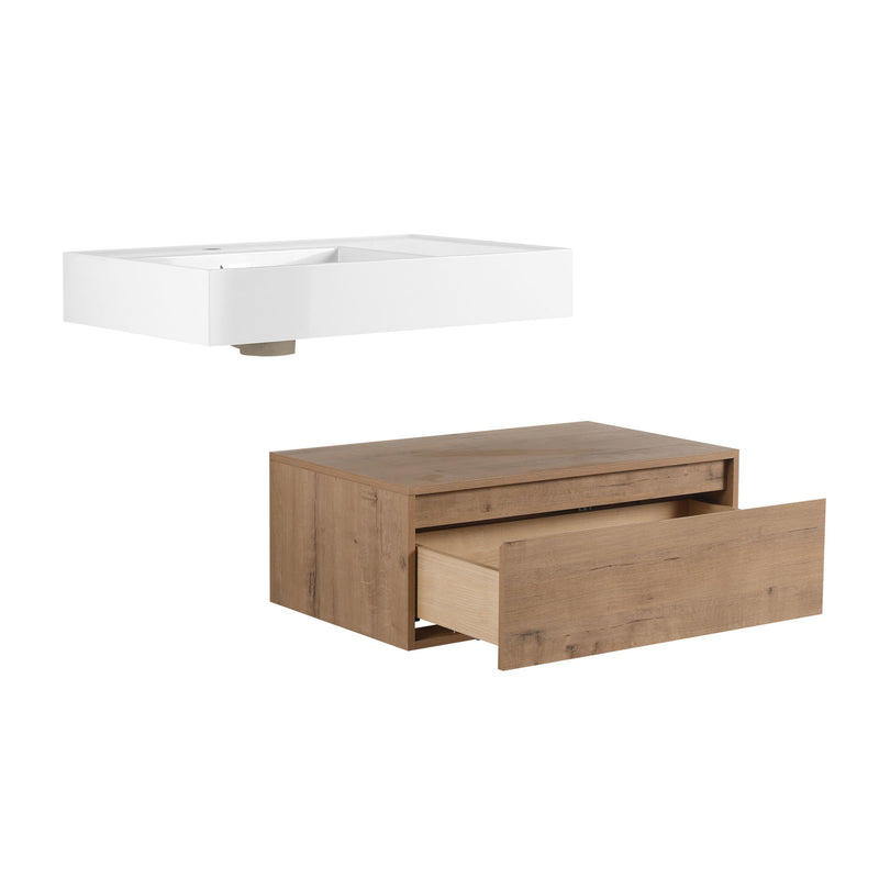 Modern Wall Mounted Bathroom Vanity With Resin Sink And Side Cabinet, Soft Close Drawer, Imitative - Imitative Oak