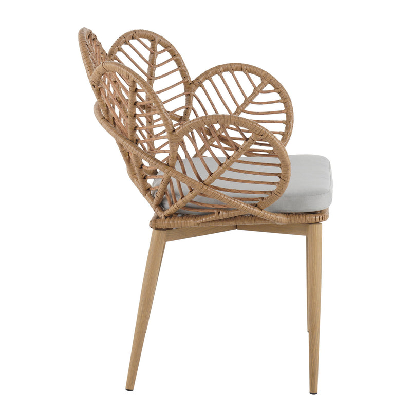 Kirk - Outdoor Wicker Peacock Shape Papasan Style Chair, Teak Finished Leg (Set of 2) - Beige / Light Brown / Light Teak