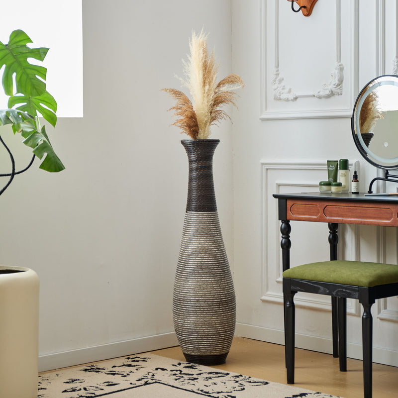 Tall Standing Designer Floor Vase Durable Artificial Rattan Elegant 2 Tone Finish Ideal Decor Accent For Living Room, Bedroom, Entryway Stylish Home Decor Statement Piece - Black / Gray