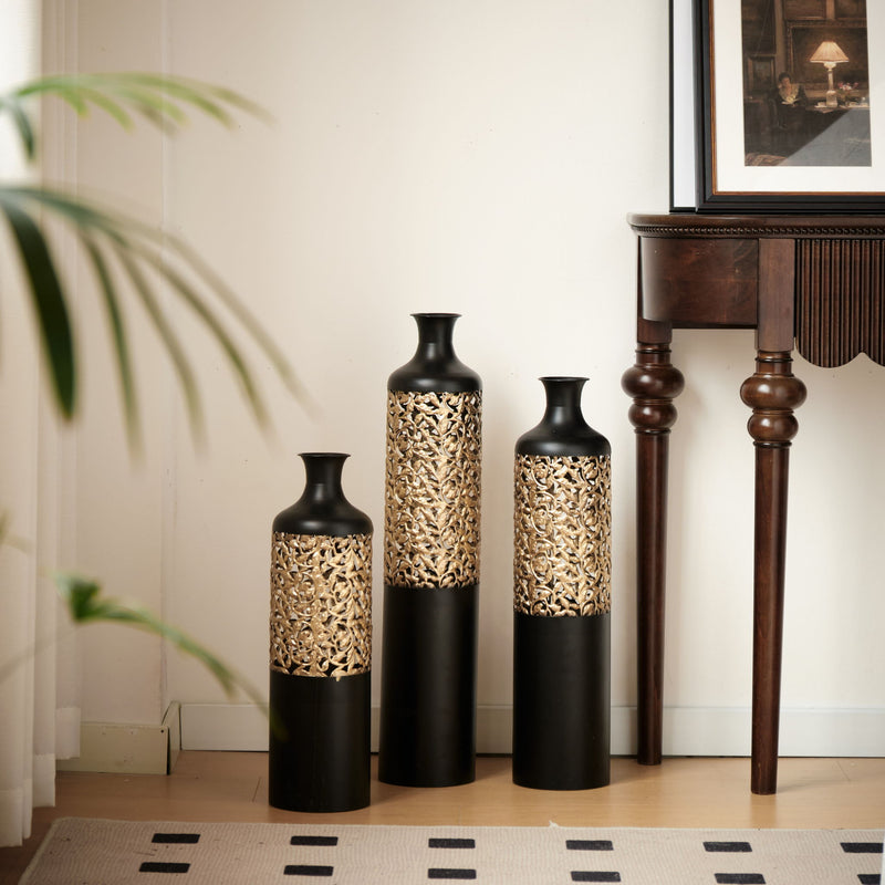 Floor Metal Vases Decorated Metal Vases (Set of 3) Gorgeous Home Decoration Large Glazed Metal Vases - Black / Gold