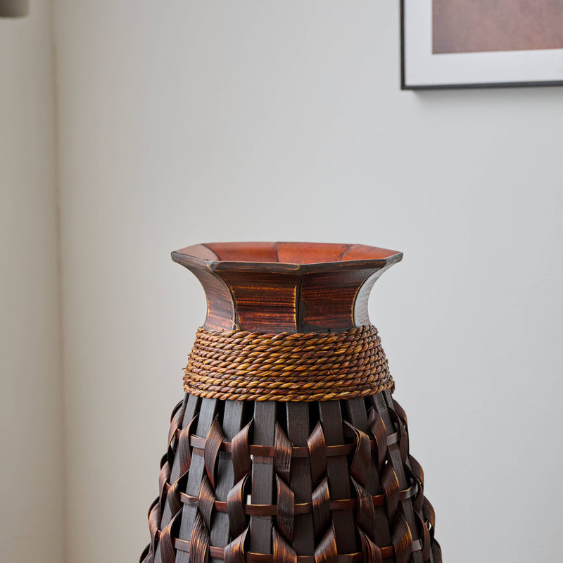 Hand Woven Bamboo Floor Vase, Decorative Accent For Living Room - Acacia Wood