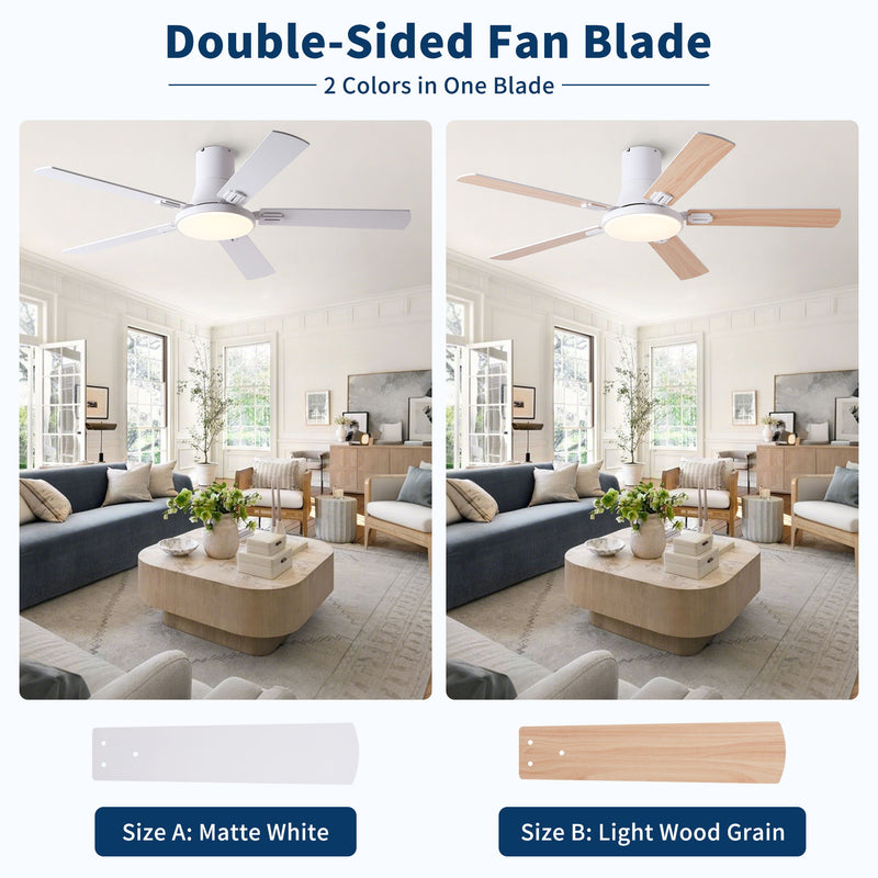 Flush Mount Ceiling Fans With LED Light And Remote Control, 5 Blades
