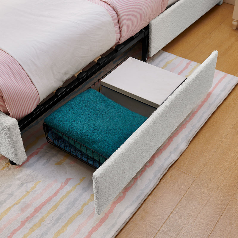 Upholstered Bed With Oversized Rabbit Ear Headboard, LED Lights & 4 Storage Drawers