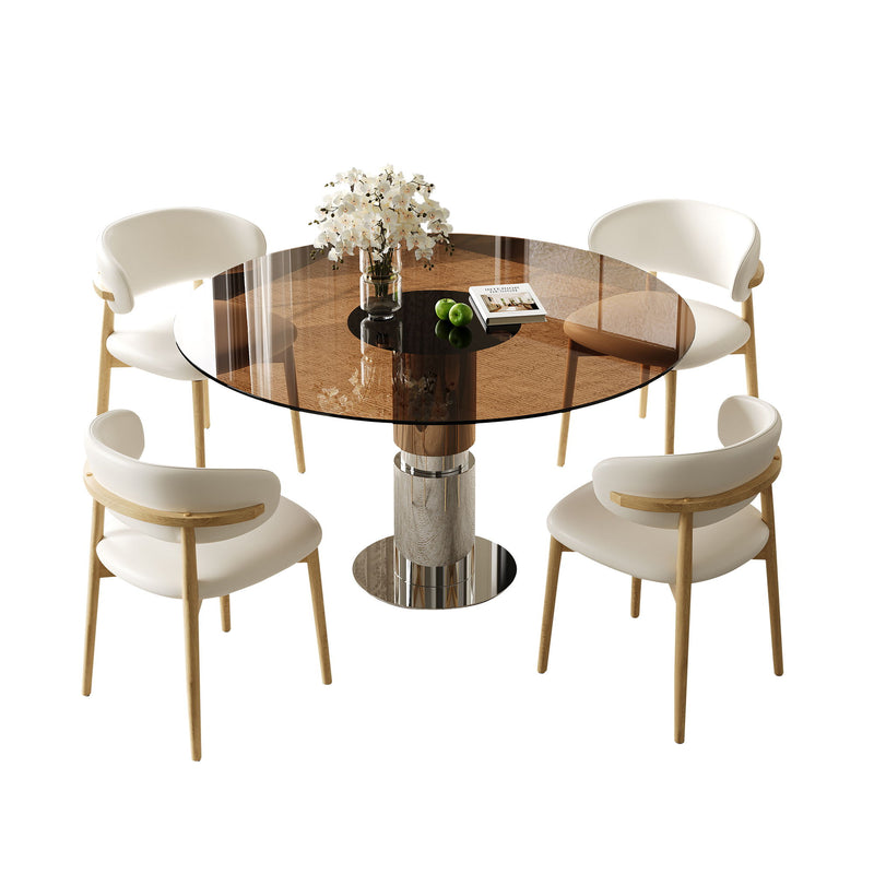 Round Dining Table With Tempered Glass Top - Brown