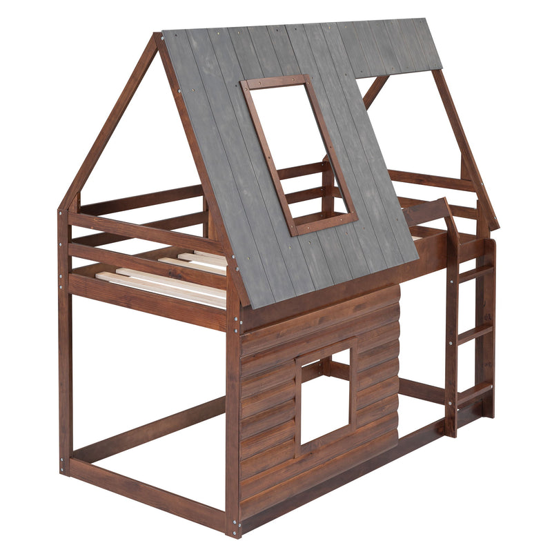 Twin Size House Bunk Bed With Roof, Ladder And 2 Windows - Brown