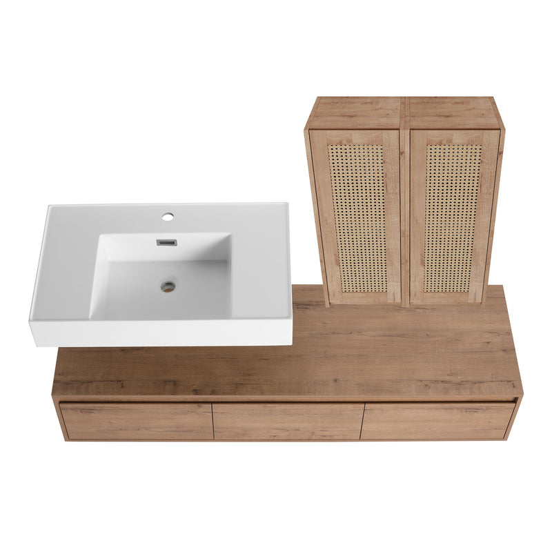 Modern Wall Mounted Bathroom Vanity With Resin Sink And 2 Side Cabinet, Construction - Imitative Oak