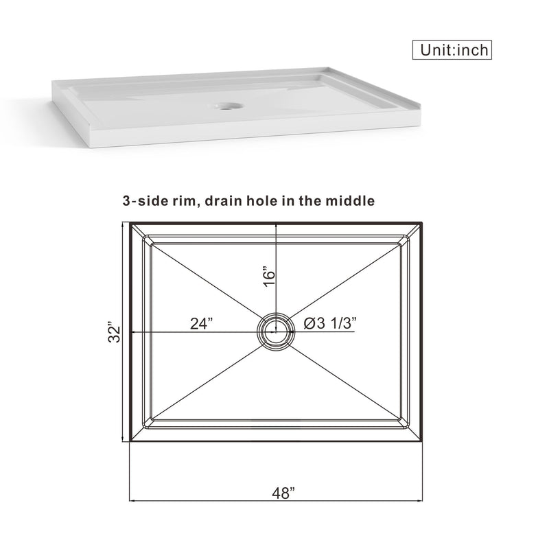 Shower Base Anti Slip Center Drain Single Threshold 32" X 48" - White