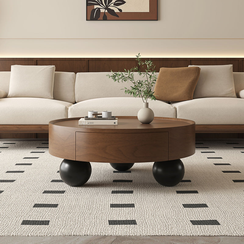Round Coffee Table With Storage Drawer And Ball Feet - Walnut / Black