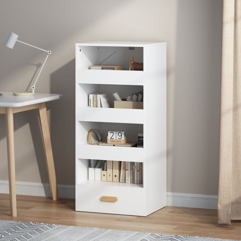 4 Tier Freestanding Bookshelf With 3 Sliding Drawers And 1 Bottom Drawer - White