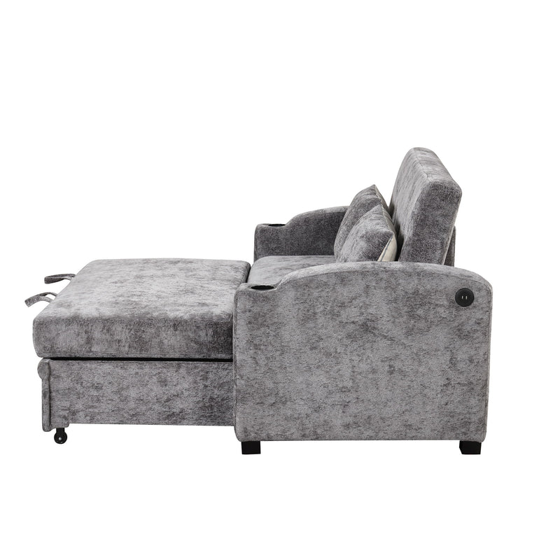 Pull Out Loveseat Sofa With Adjsutable Backrest, 2 Pillows, Cup Holders, USB Ports For Living Room