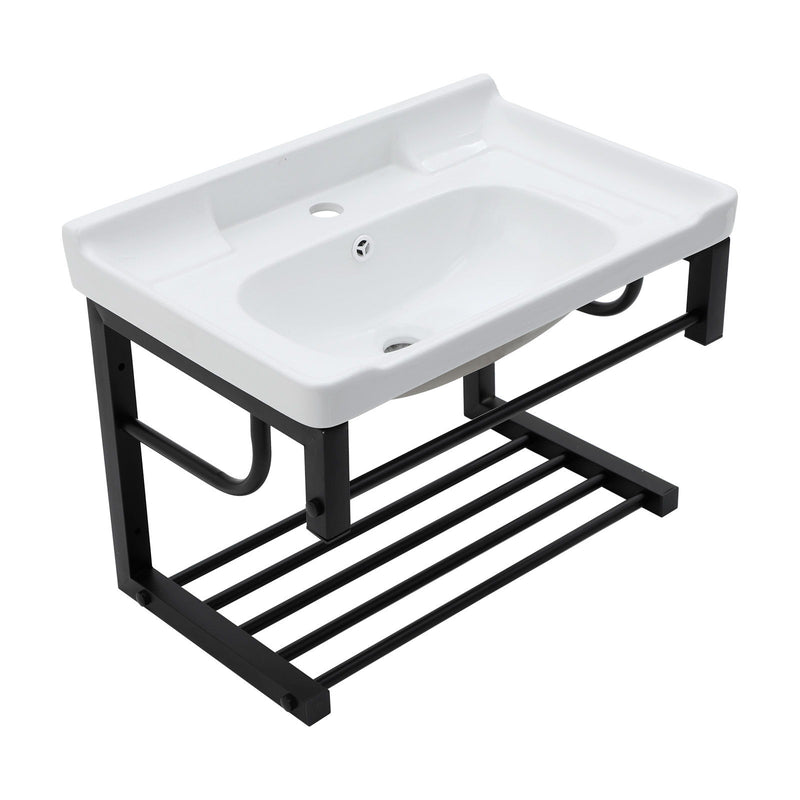 Wall Mounted Rectangular Bathroom Sink With Towel Bar & Overflow - White